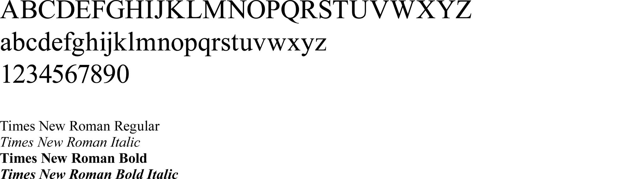 The English alphabet in the Times New Roman font, as well as its various font weights